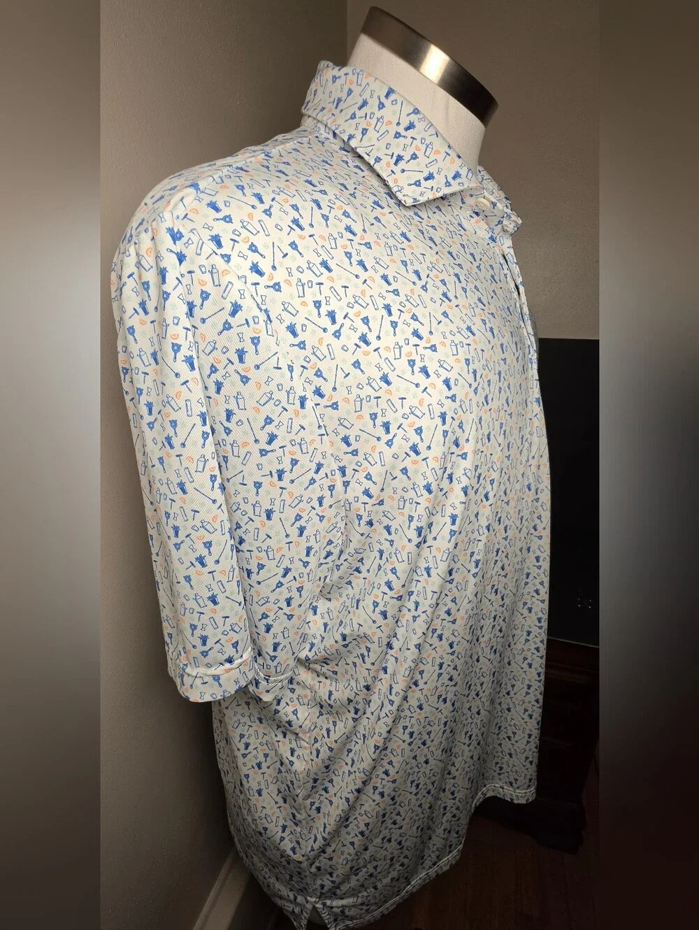 RLX Ralph Lauren White Polo with Blue & Orange Mini Print
